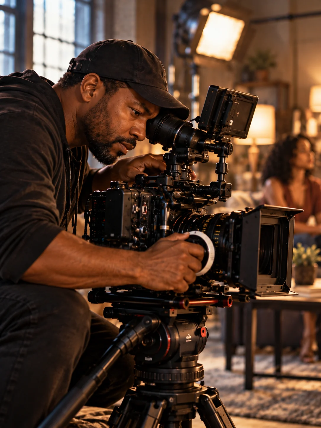 Independent filmmaker operating a cinema camera on a small production set