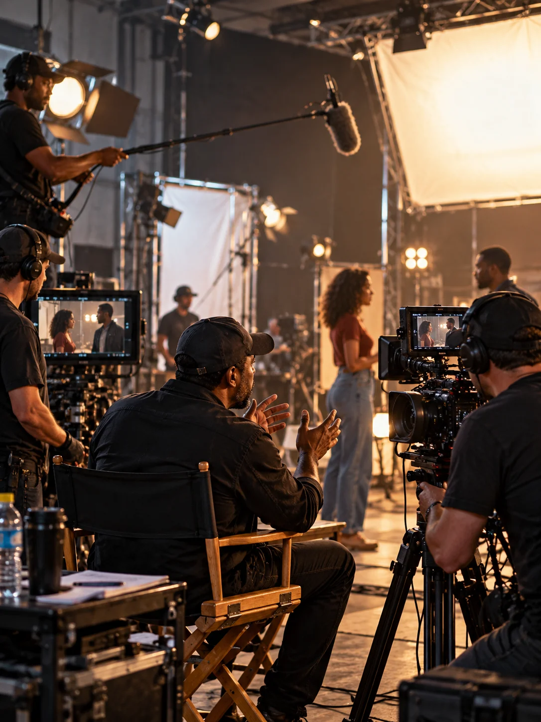 Large professional film crew working together on a studio production