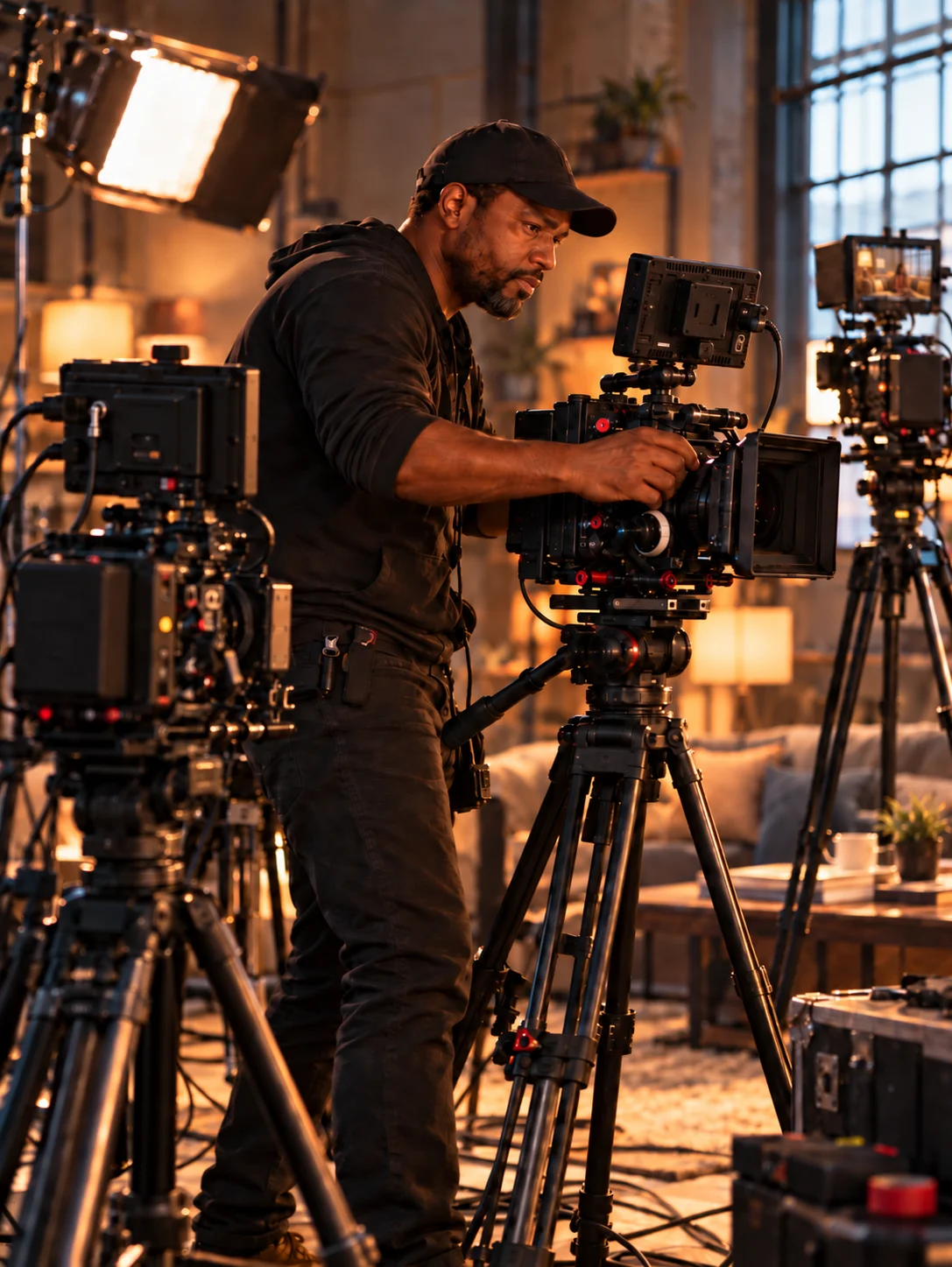 Independent filmmaker managing a three-camera setup on a small film production