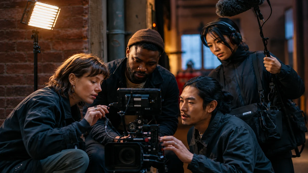 Independent film crew working together around a cinema camera